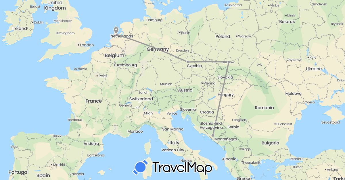TravelMap itinerary: driving, plane in Bosnia and Herzegovina, Czech Republic, Netherlands, Poland (Europe)